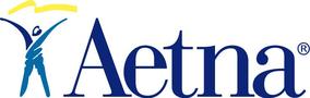 A blue and white logo of aetna.